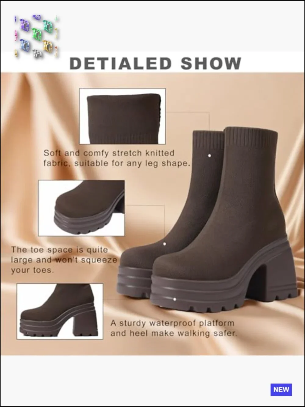 Sock Boots Square Toe Chunky Block High Heel Platform Knit Ankle Boots